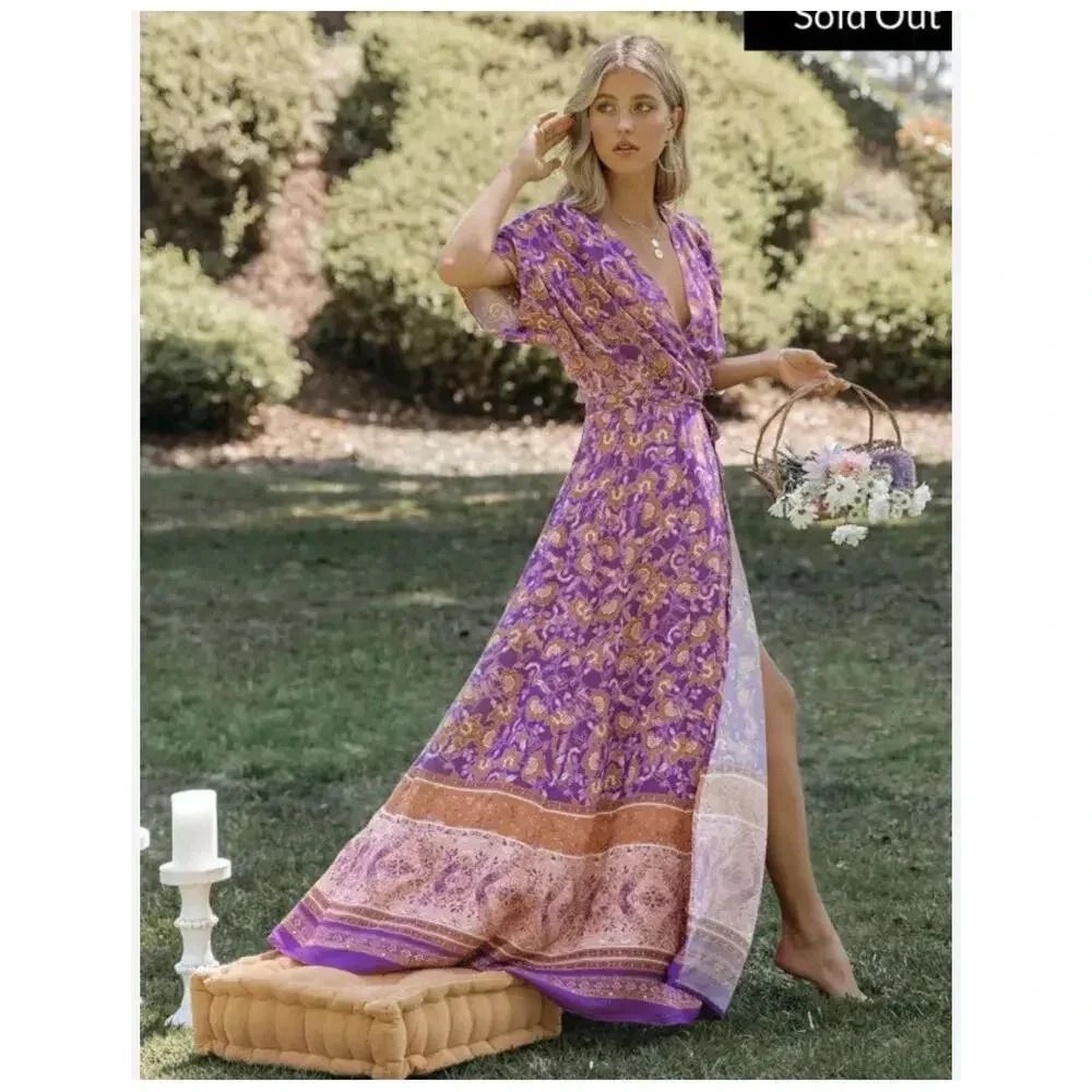 Vici Floral Wrap Maxi Dress - Garden Boho Kimono Tie Peasant Slit Bohemian